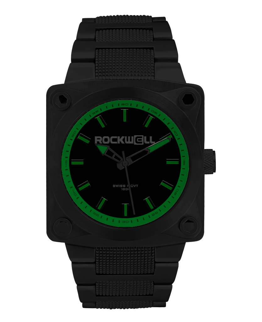 black 747 analog watch with black dial and green accents