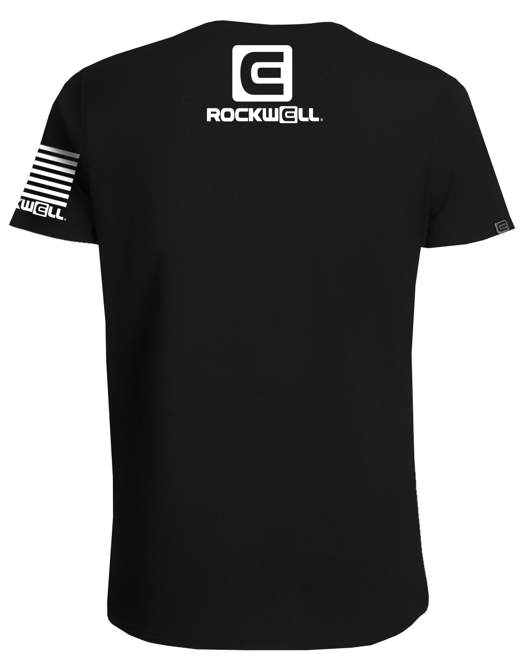 rockwell stacked logo on top of the back. rockwell flag logo on the sleeve