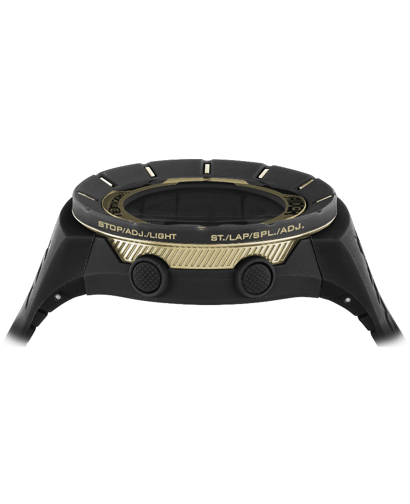 black coliseum digital watch with gold accents