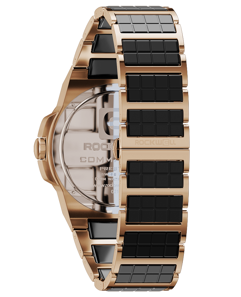 rose gold commander elite watch with black ceramic inner links and bezel