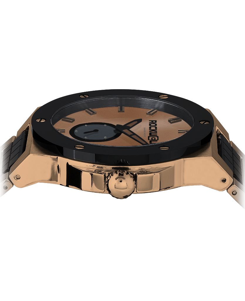 rose gold commander elite watch with black ceramic inner links and bezel
