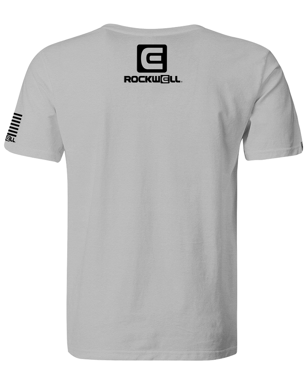 back of og gray rockwell t shirt. rockwell stacked logo on the top. rockwell flag logo on left sleeve.