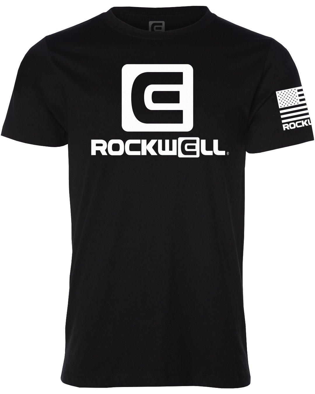 OG black rockwell logo stacked T-Shirt. rockwell flag logo on left sleeve
