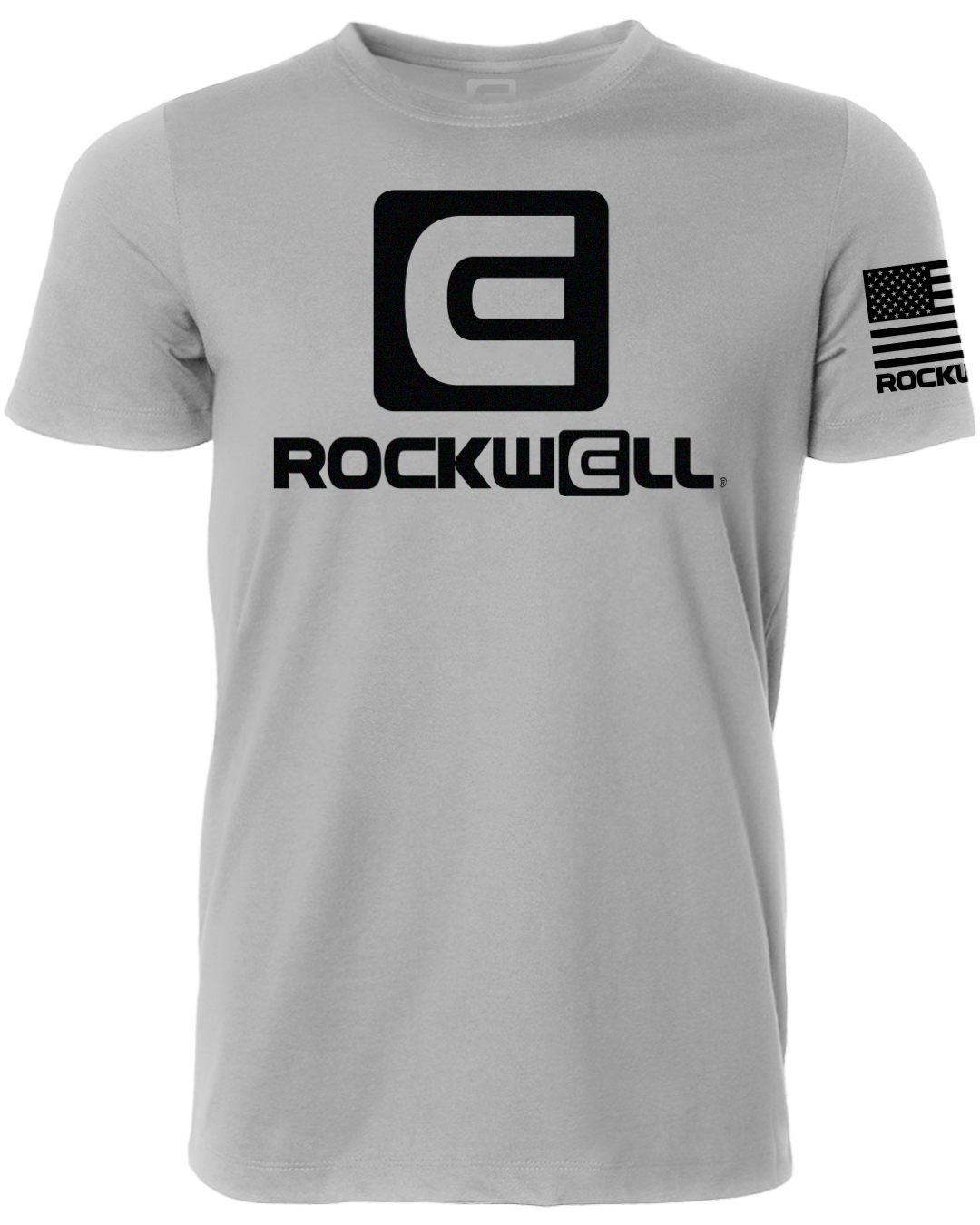 og gray shirt rockwell t shirt. rockwell flag logo on left sleeve