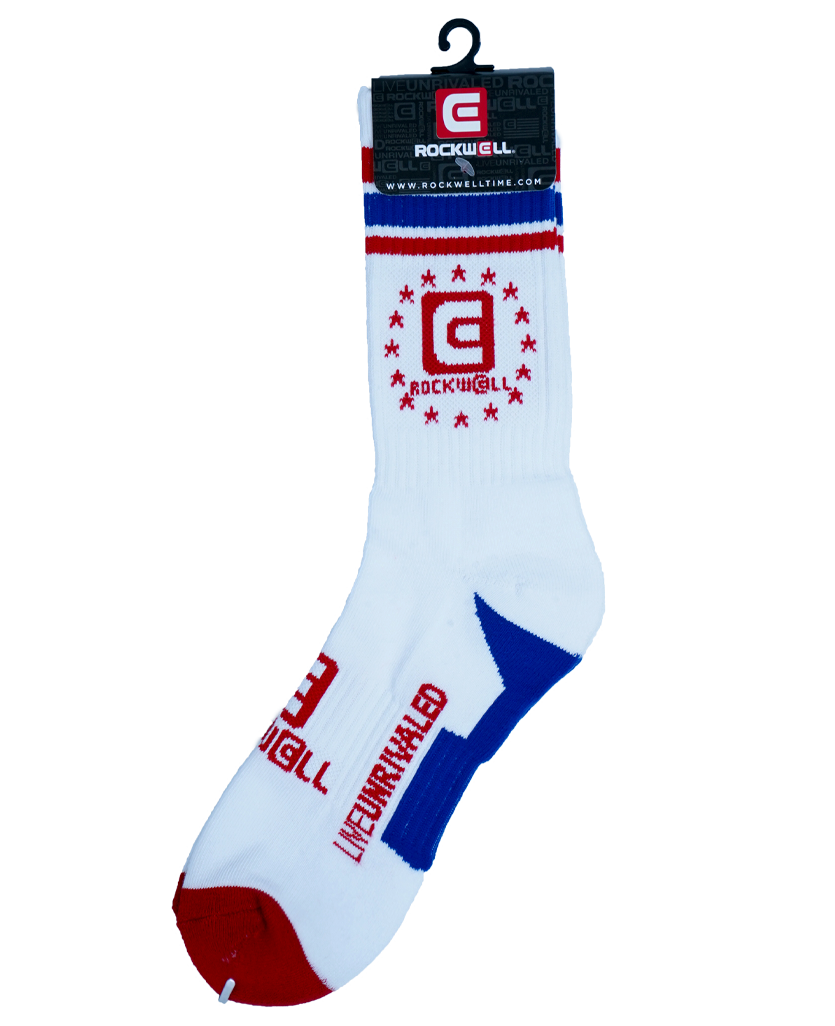 Old School Socks red/white/blue. Rockwell stacked logo on the top and on the foot