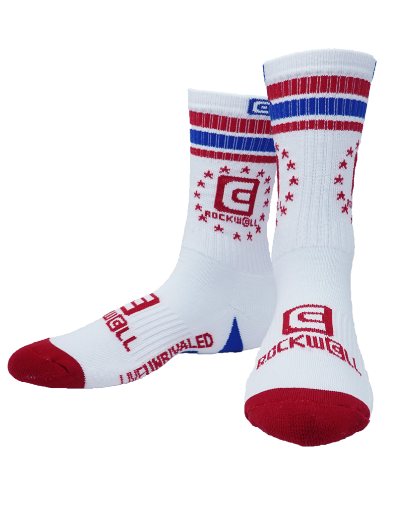 Old School Socks red/white/blue. Rockwell stacked logo on the top and on the foot