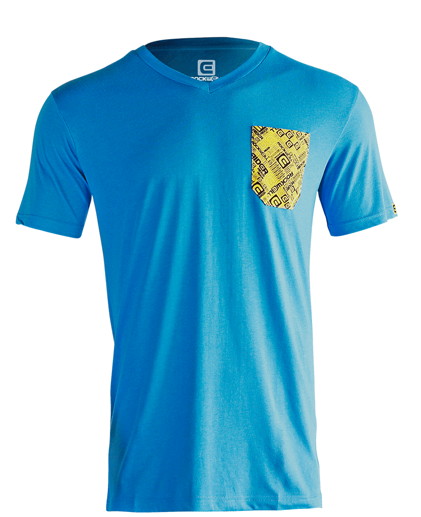 Mens blue boss v neck with yellow chest pocket with Rockwell logo on it 