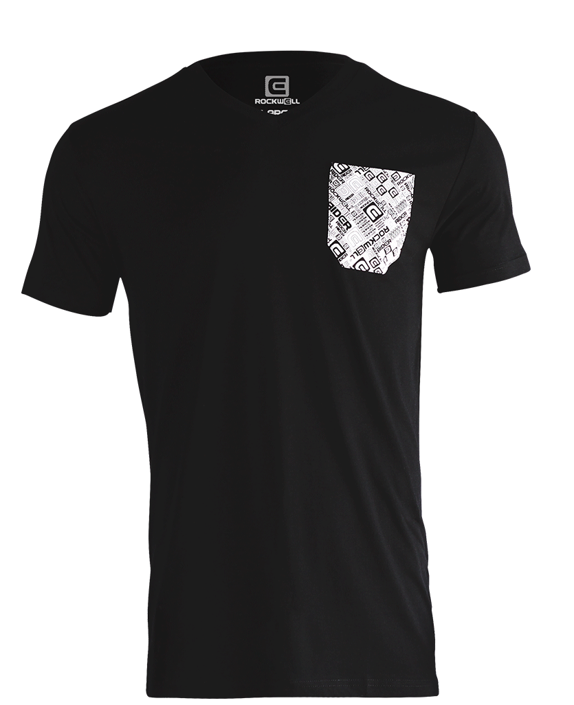 Men's black Boss V-Neck with white chest pocket with Rockwell logos on it