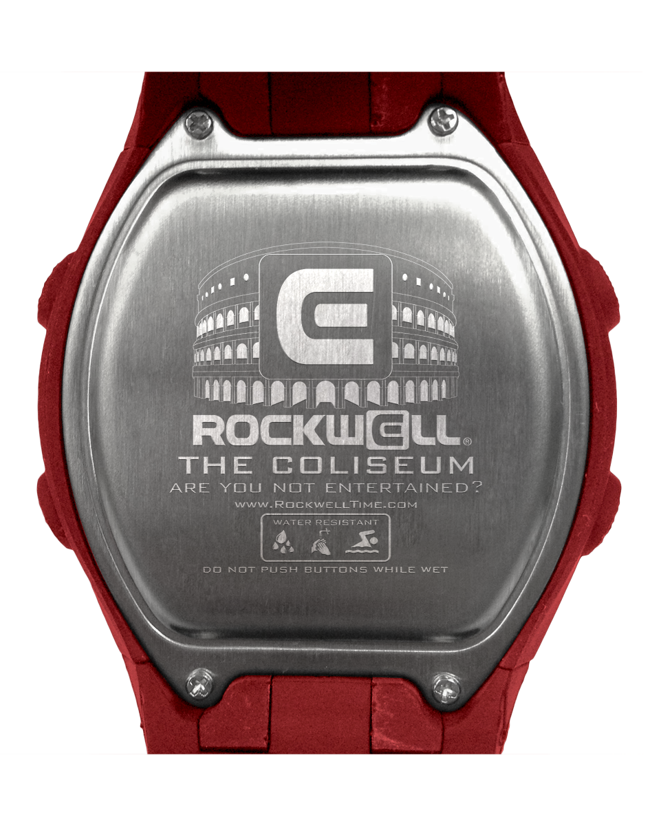 red coliseum digital watch with blue and white accents