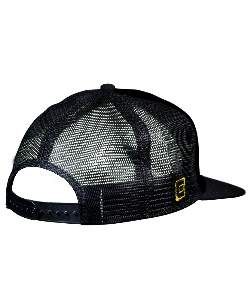 back of Snapback Trucker Hat Black/Gold Royal Logo mesh back