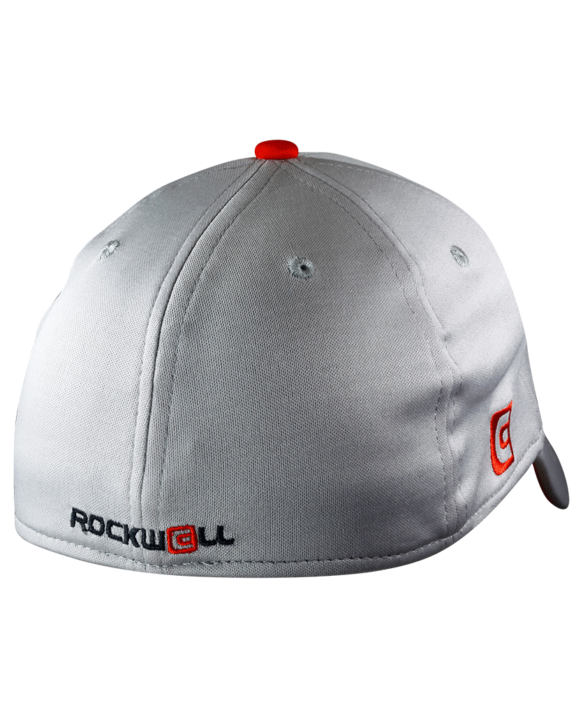 back of gray golf hat with rockwell logo on the bottom