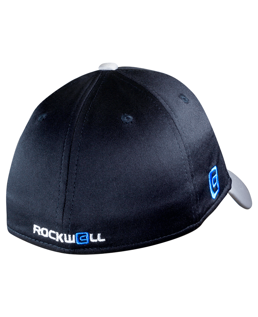 back of Rockwell golf hat- Black/Blue grey bill 