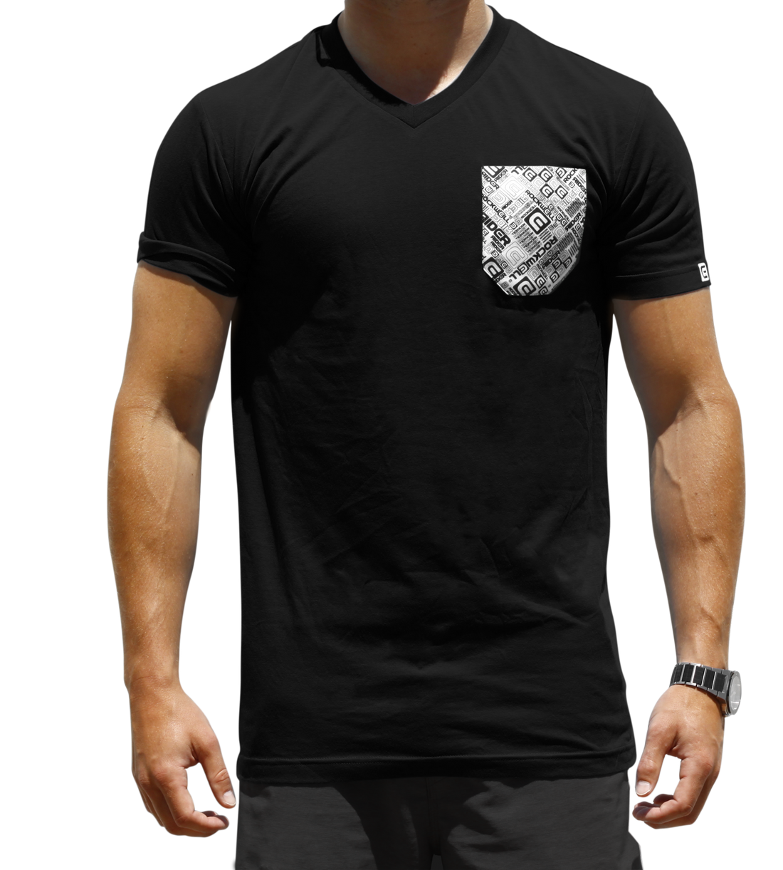 Man wearing Men's black Boss V-Neck with white chest pocket with Rockwell logo on it