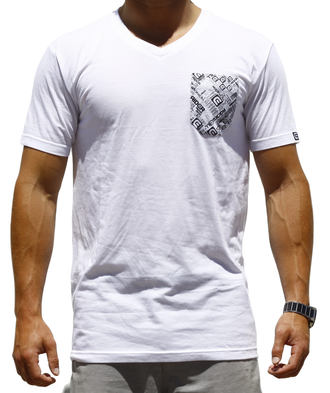 Man wearing boss v neck with chest pocket with Rockwell logo on it