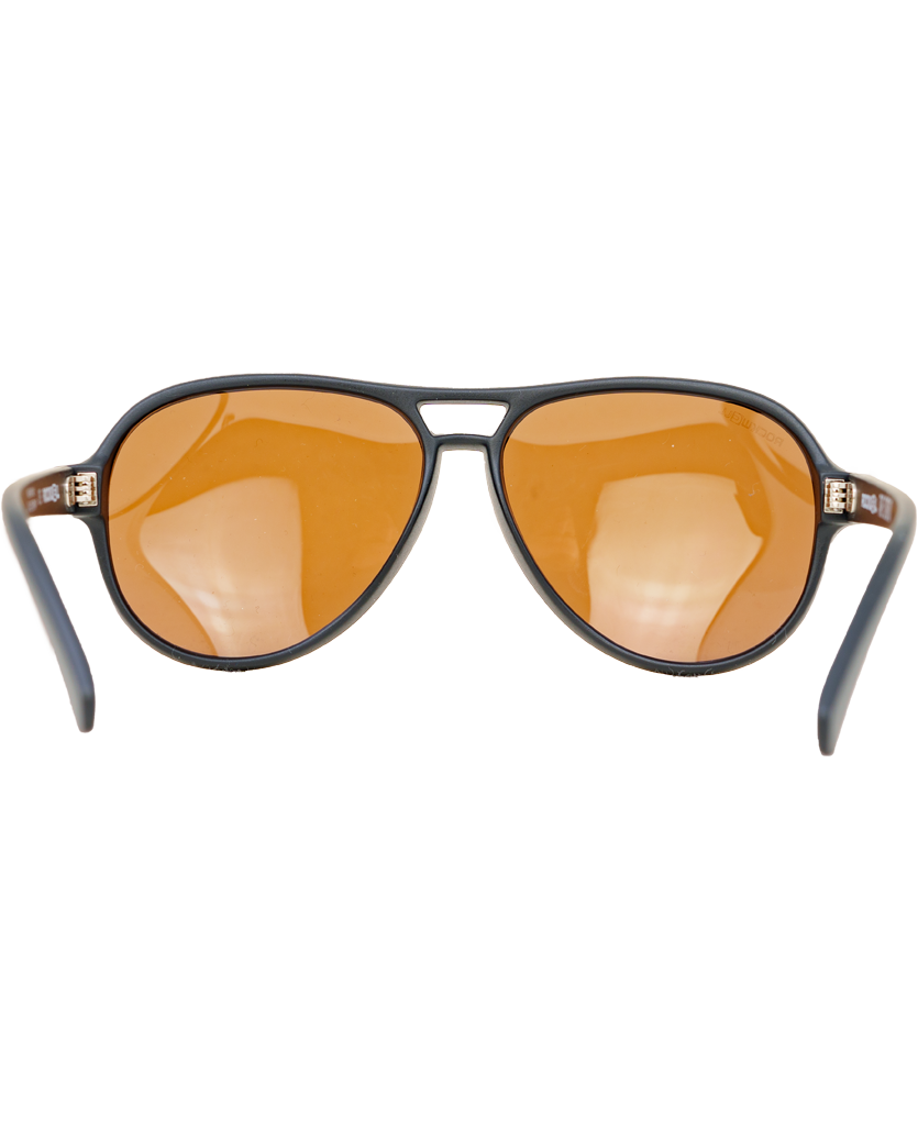 Sunglasses with orange lenses and black frames on a white background