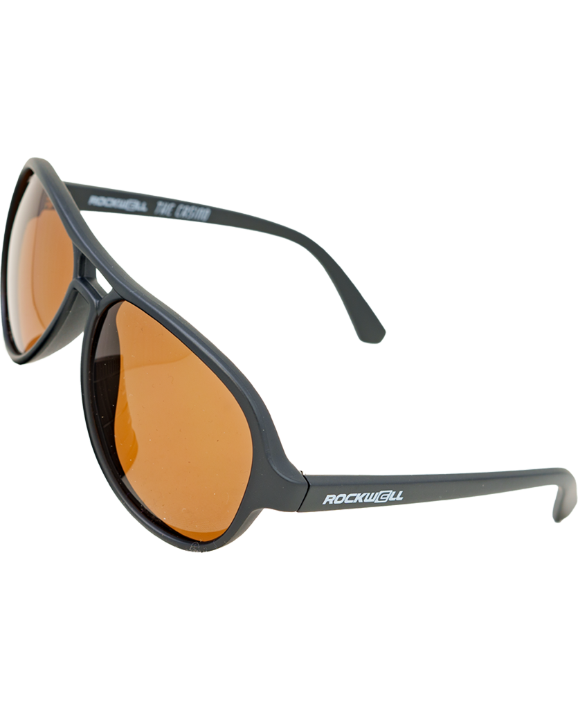 Sunglasses with black frame and orange lenses on a white background