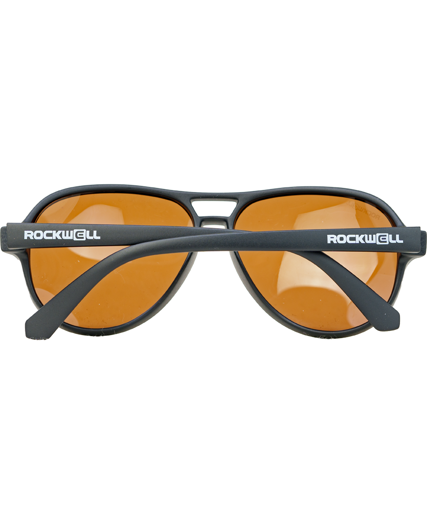 Sunglasses with black frame and orange lenses on a white background