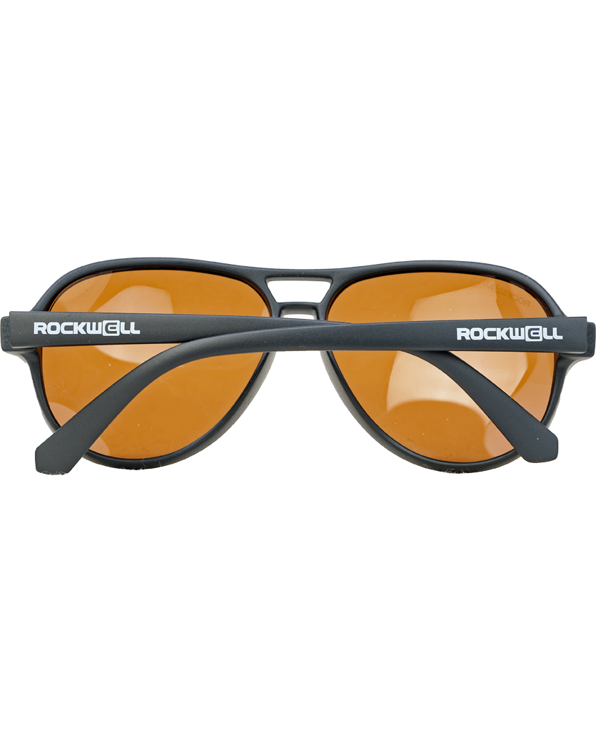 Sunglasses with black frame and orange lenses on a white background