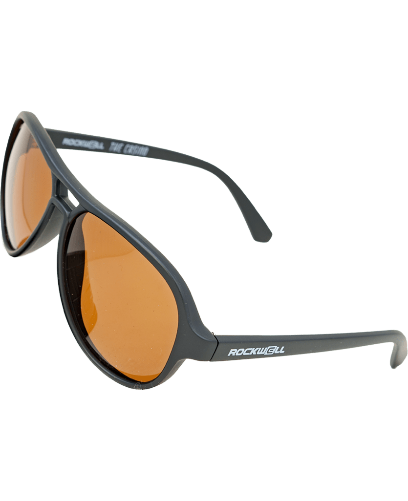 Sunglasses with black frame and orange lenses on a white background