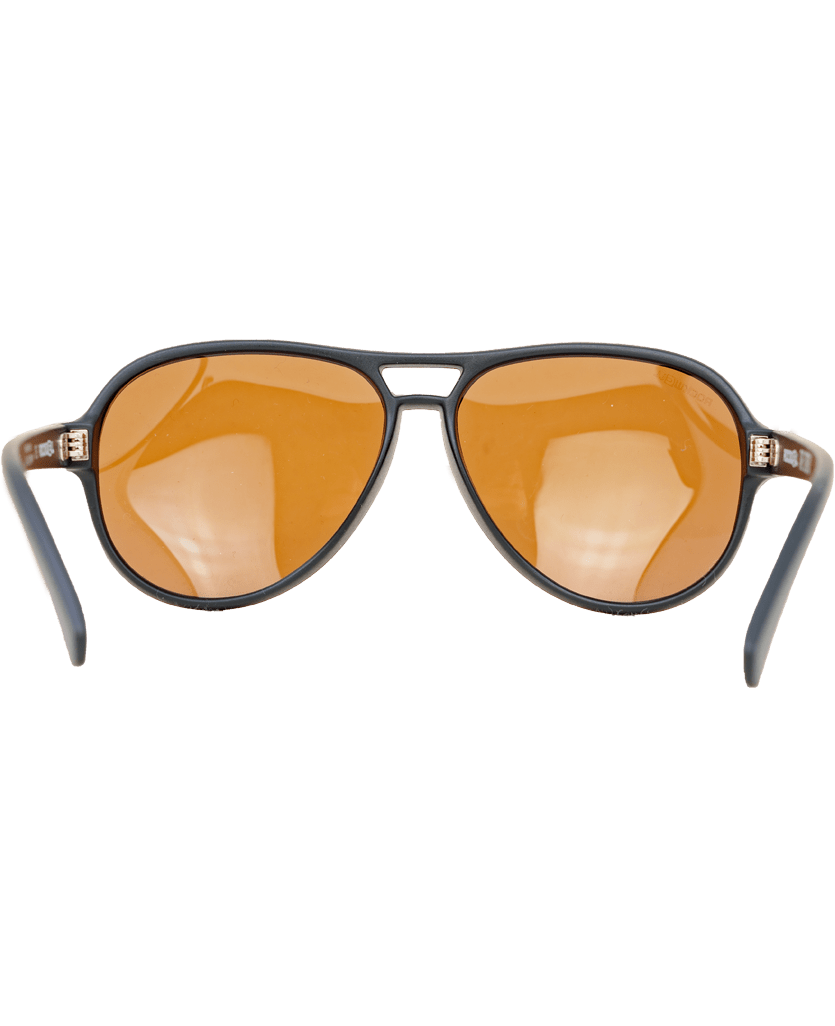 Sunglasses with orange lenses and black frames on a white background