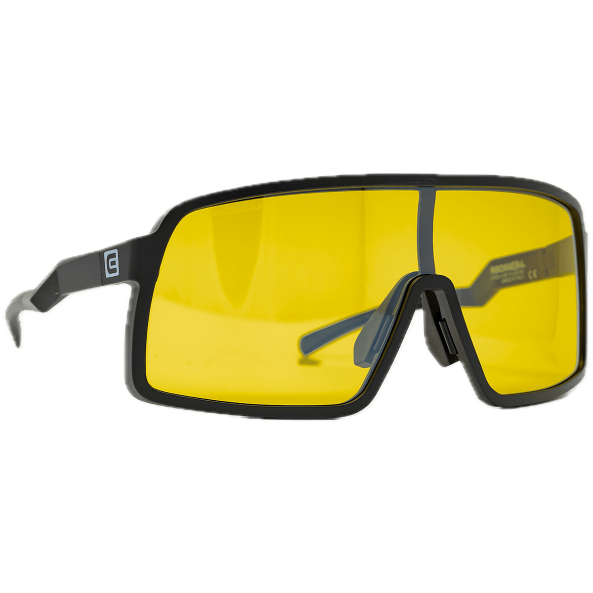 Sunglasses with yellow lenses and black frame on a white background