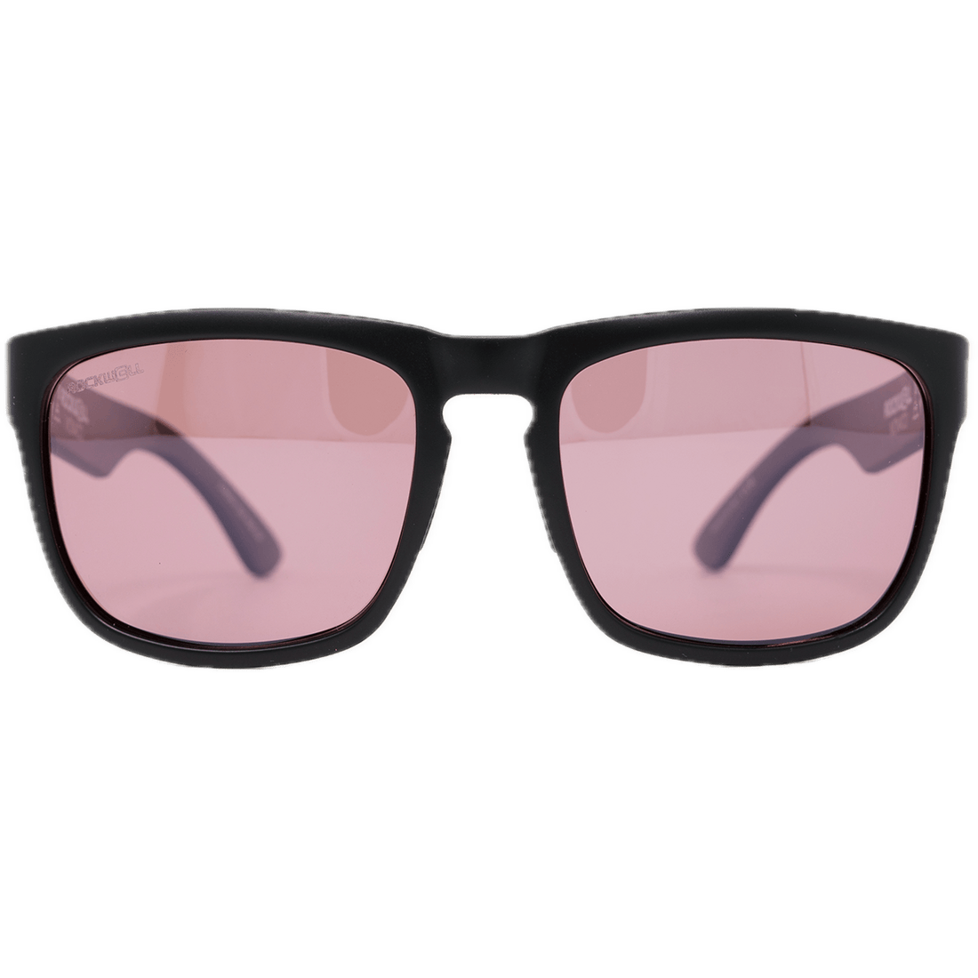 Black sunglasses with pink lenses on a white background