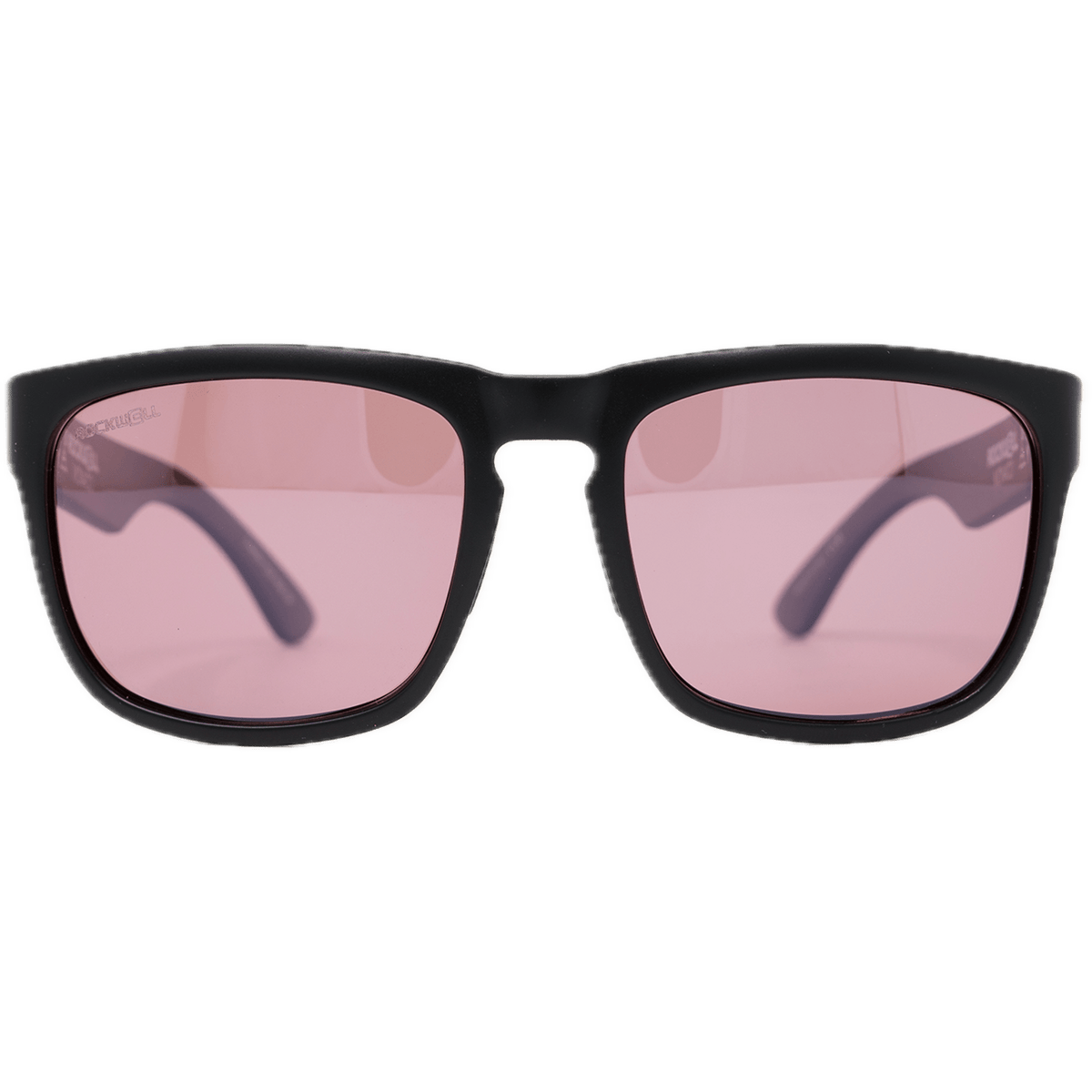 Black sunglasses with pink lenses on a white background