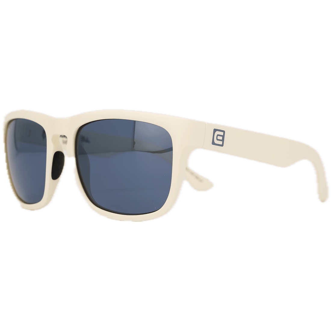 Beige sunglasses with dark lenses on a white background