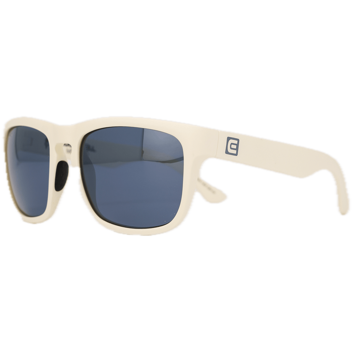 Beige sunglasses with dark lenses on a white background