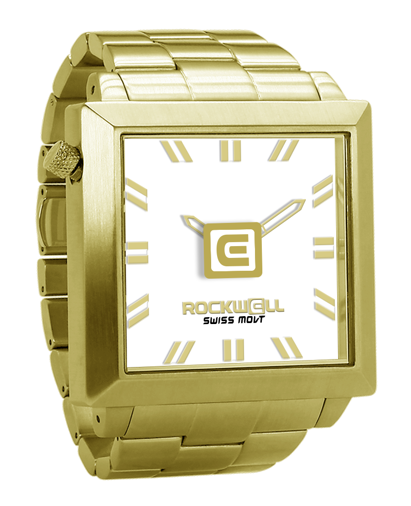 gold 50 square analog watch with white dial and gold accents