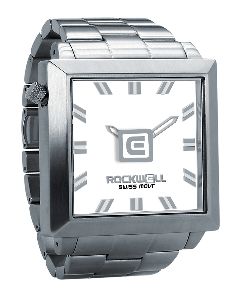 silver 50 square analog watch with white dial