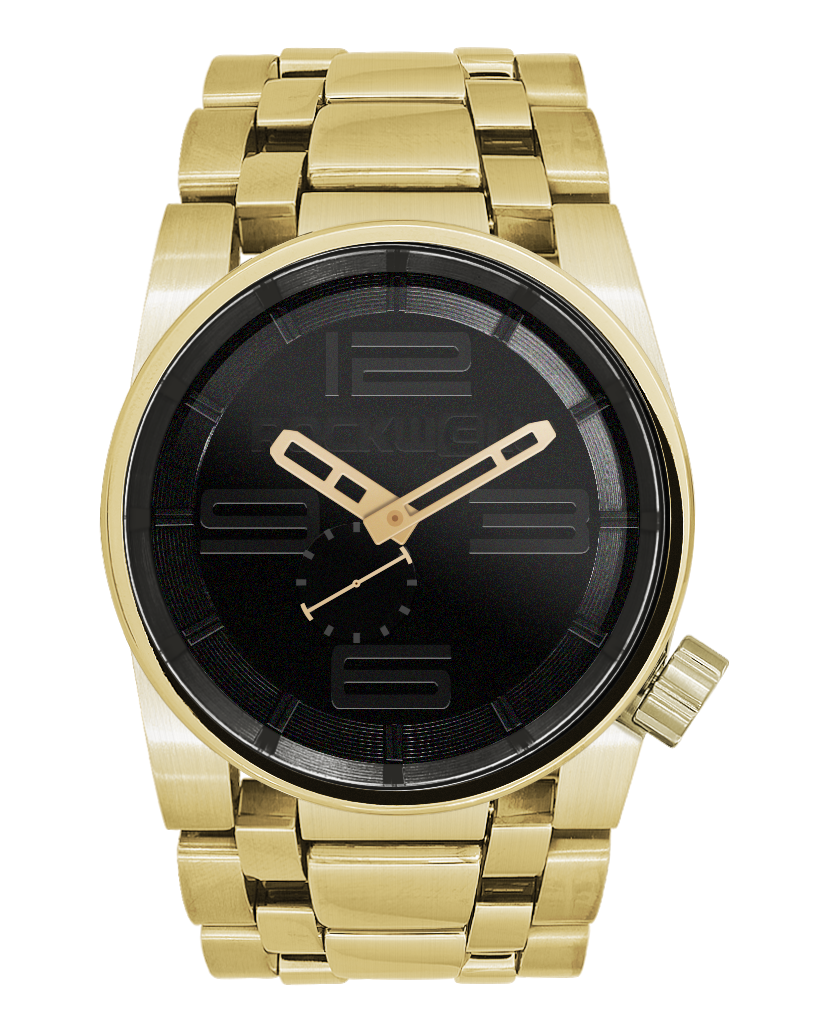 gold 50 round analog watch with all black dial