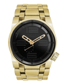gold 50 round analog watch with all black dial