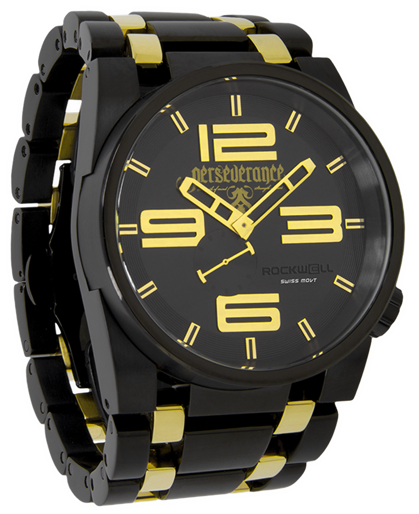Ricky James edition black 50 round analog watch with gold accents and inner links