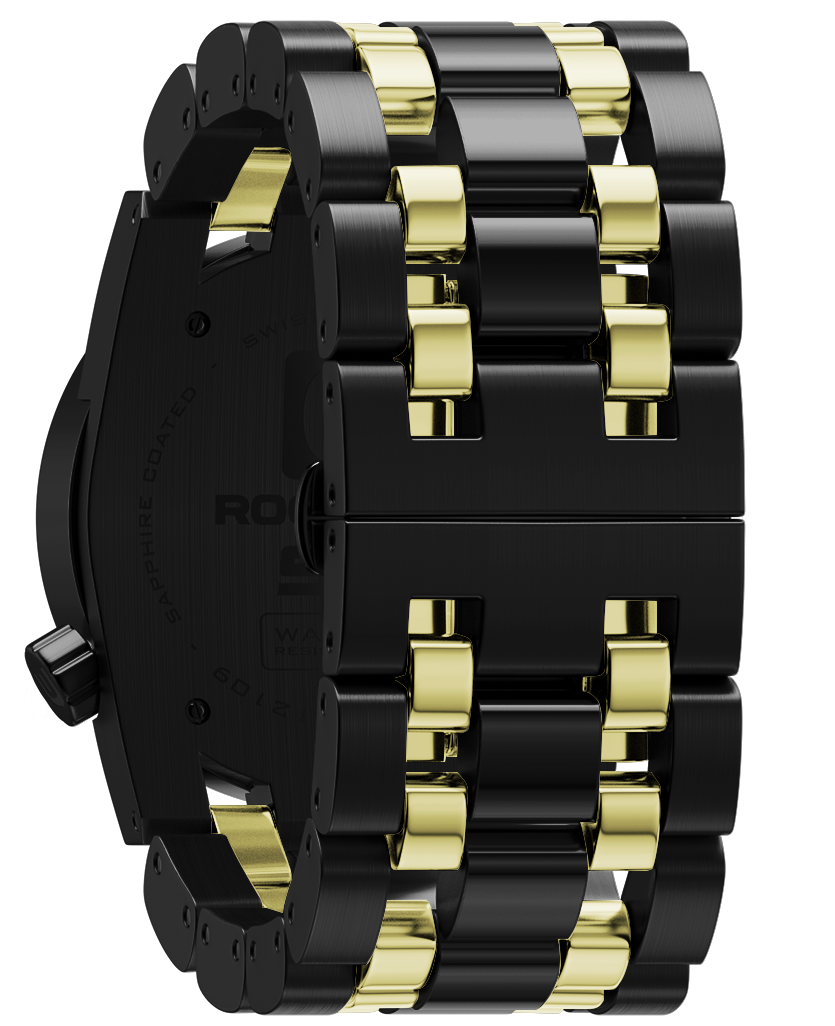 Ricky James edition black 50 round analog watch with gold accents and inner links