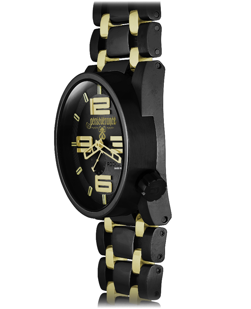 Ricky James perseverance edition black 50 round watch with gold accents and gold inner links