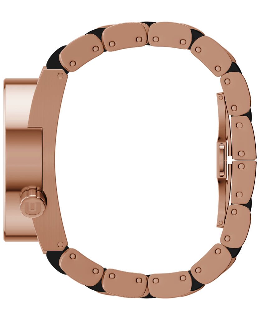 rose gold 50 round analog watch with black ceramic inner links