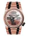 rose gold 50 round analog watch with black ceramic inner links
