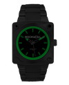 black 747 analog watch with black dial and green accents