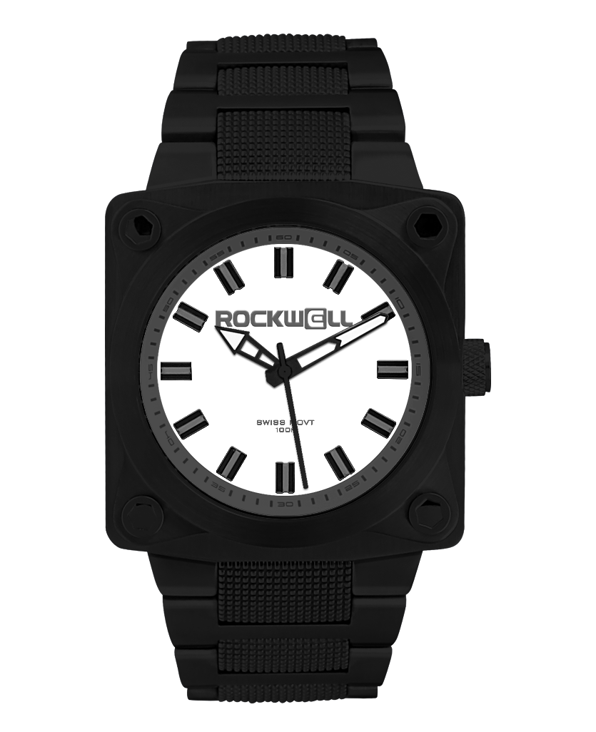 black 747 analog watch with white dial and gray accents