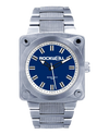 silver 747 analog watch with blue dial and white accents