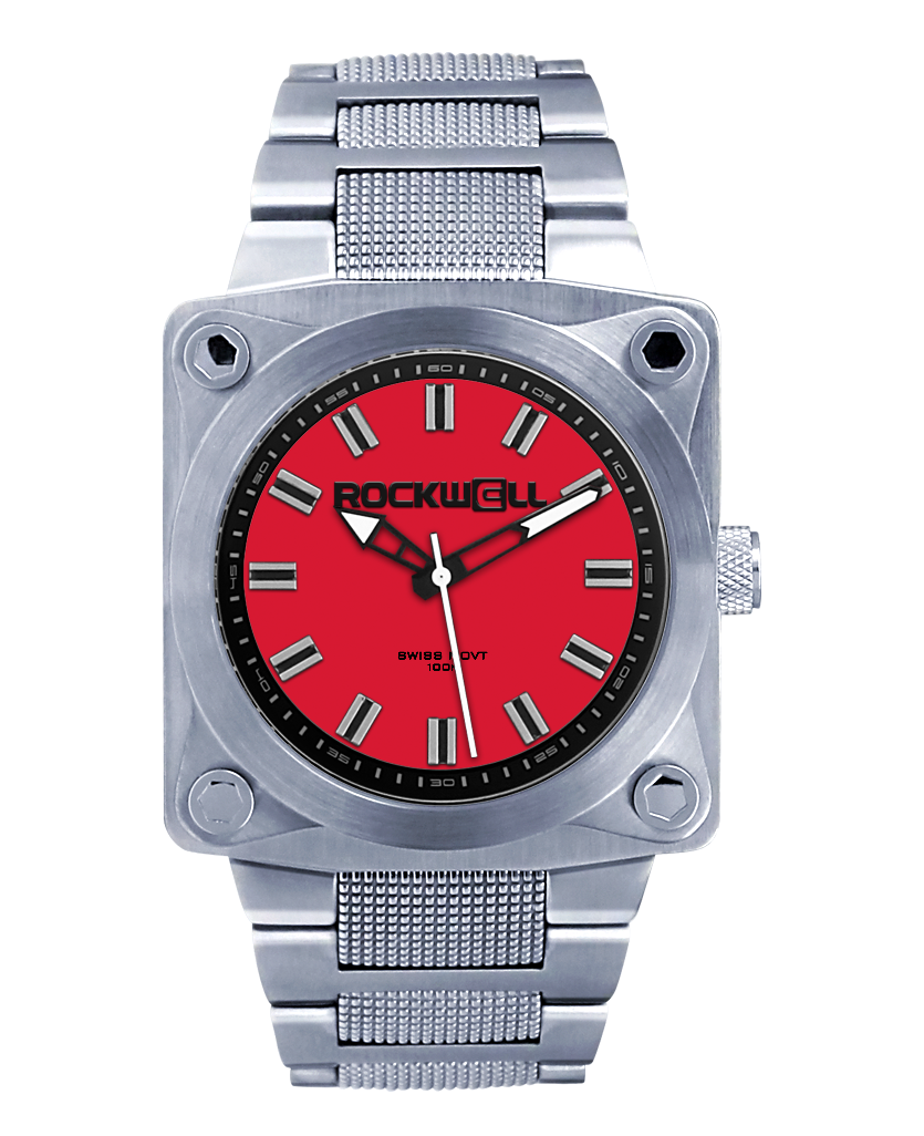 silver 747 analog watch with red dial and black accents