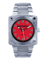 silver 747 analog watch with red dial and black accents