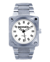 silver 747 analog watch with white dial and black accents