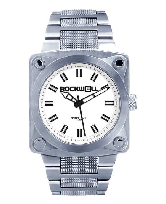 silver 747 analog watch with white dial and black accents