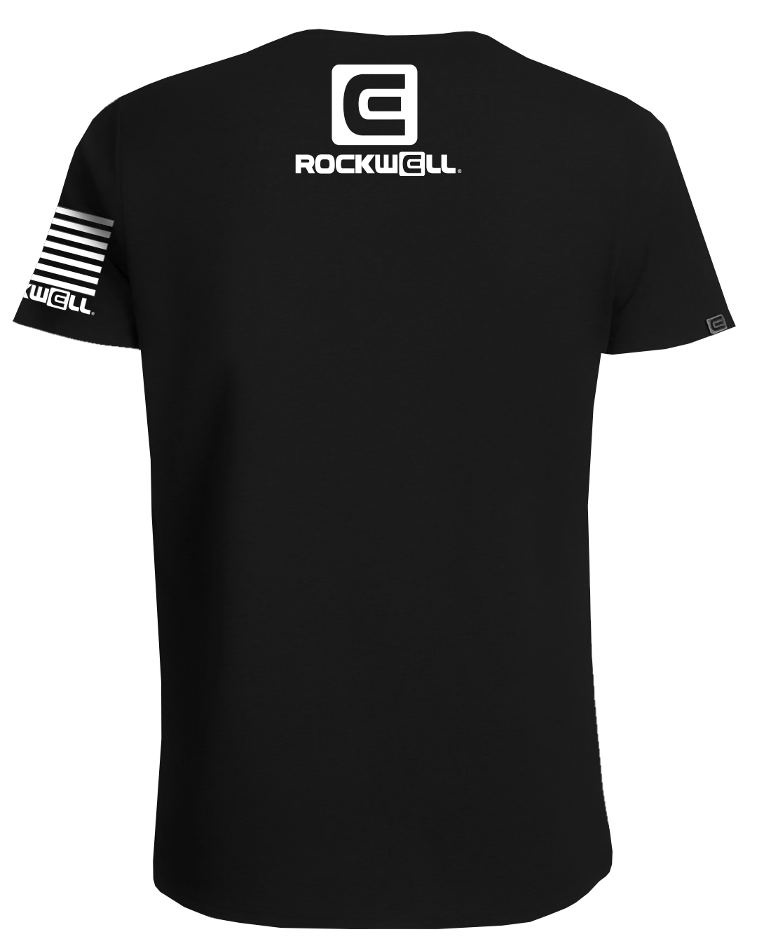 rockwell stacked logo on top of the back. rockwell flag logo on the sleeve 