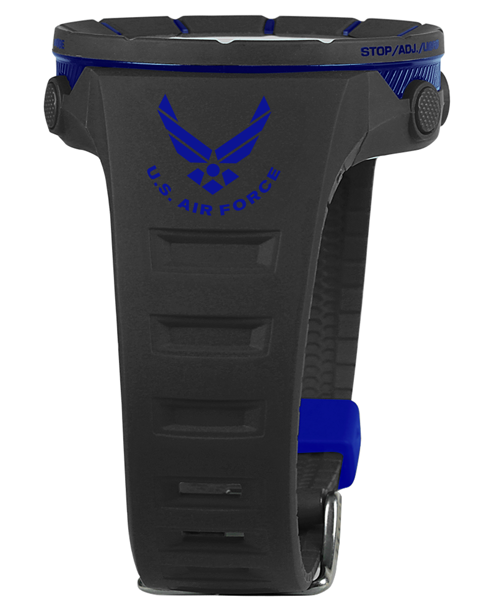 black coliseum digital watch with blue accents and United States Air Force bands