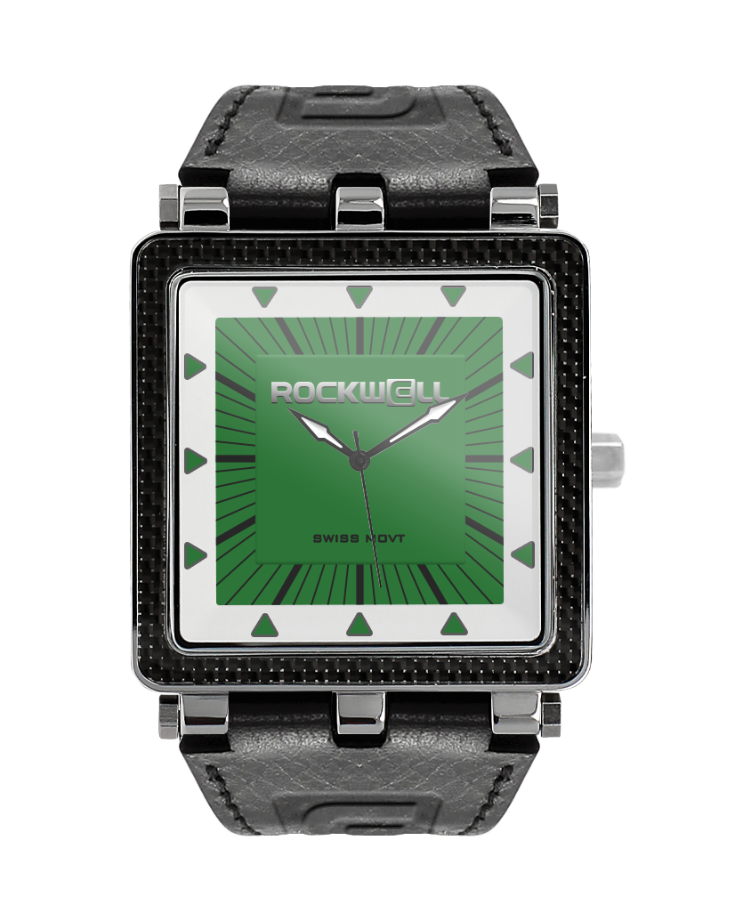 black carbon fiber watch with green white dial and black leather bands