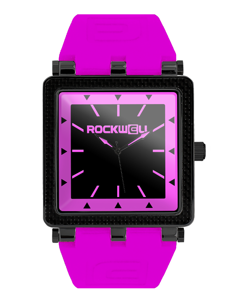 black carbon fiber analog watch with pink silicone bands and pink accents