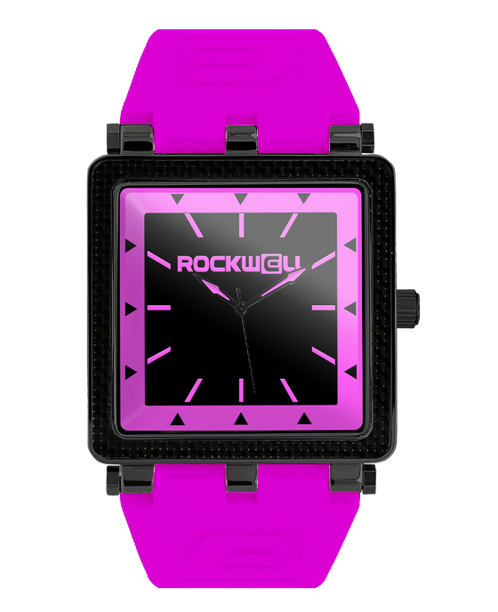 black carbon fiber analog watch with pink silicone bands and pink accents